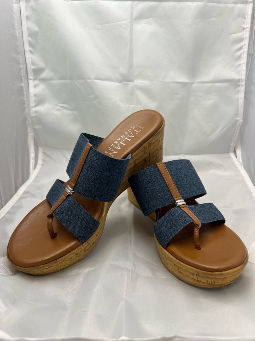 Italian Shoemakers Blue Denim and Tan Slide Sandals Size 8